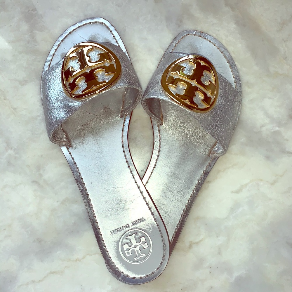 Tory Burch Grania Slide Silver with Gold Logos
